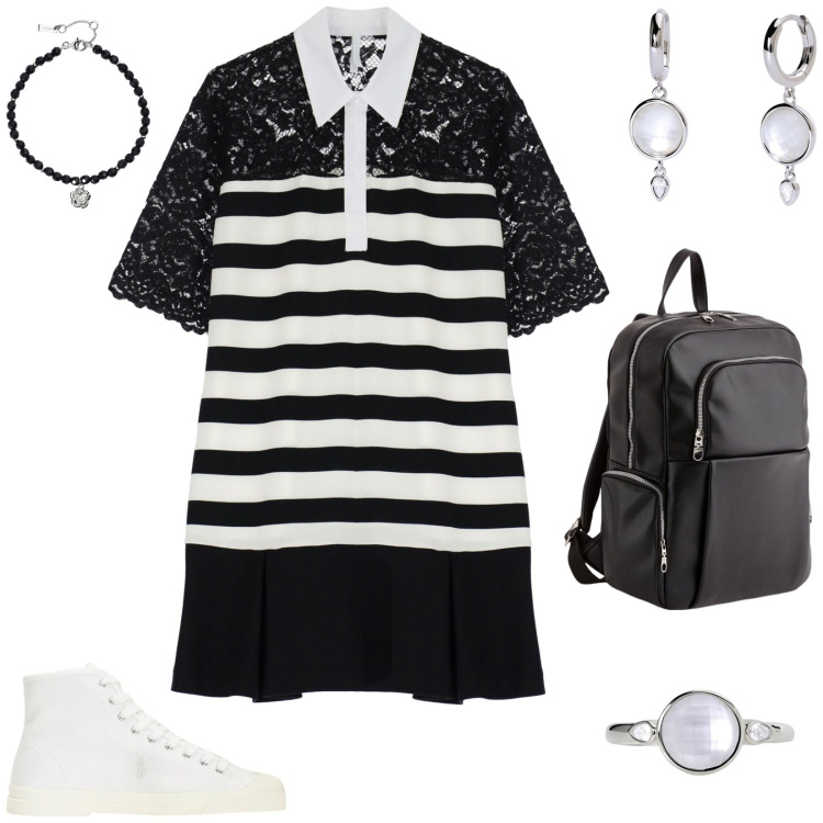 Outfit donna - Gita Fuori porta Imperial. per Ufficio. Abbinamento con braccialetti, orecchini, anelli, vestiti corti, sneakers alte, zaini.