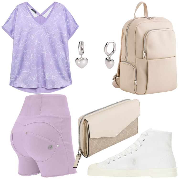 Outfit donna - Total look #2084197. Stile Basic per Tutti i giorni. Abbinamento con orecchini, shorts, sneakers alte, t-shirt, zaini, portafogli.