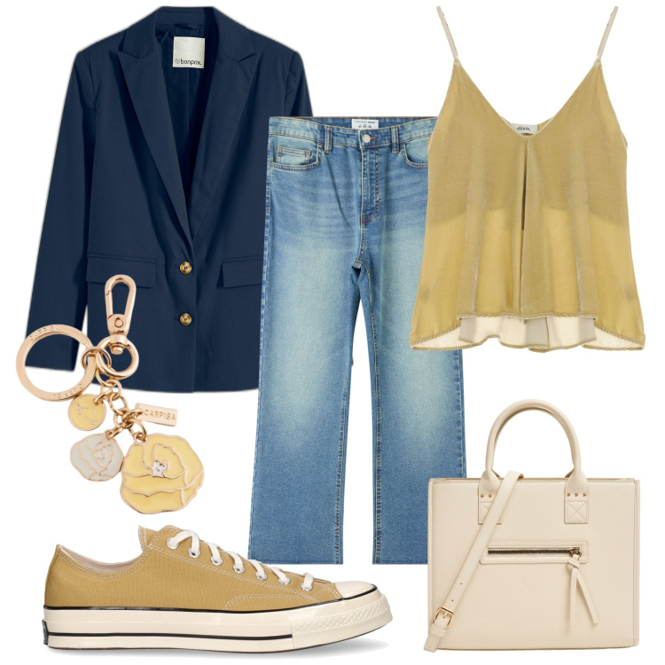 Outfit donna - Pronta per uscire. Stile Casual per Tutti i giorni. Abbinamento con blazer, jeans, shopping bag, canottiere, sneakers, portachiavi.