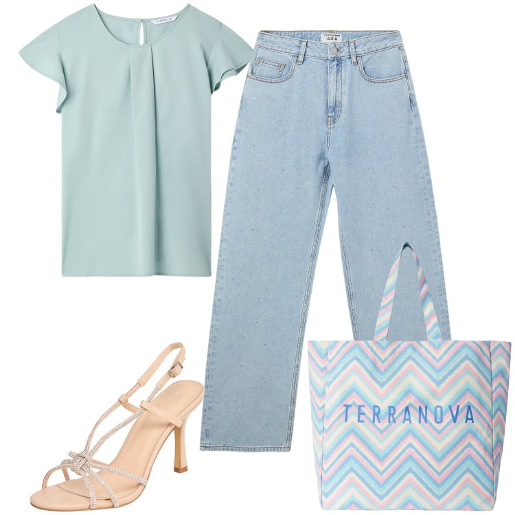 Outfit donna - Total look #2084206. Stile Casual per Tutti i giorni. Abbinamento con jeans, bluse, sandali col tacco, borse tote.