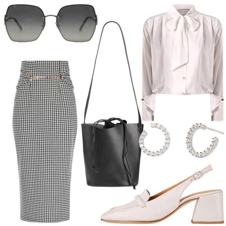 Outfit donna - Total look #2084207. Stile Chic per Ufficio. Abbinamento con décolleté, occhiali da sole, borse a mano, orecchini, bluse, gonne longuette.