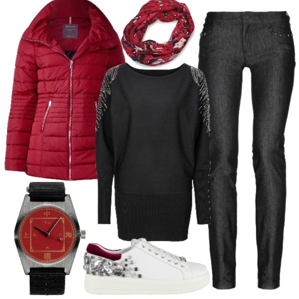 Outfit donna - Red and black. Stile Basic per Ufficio. Abbinamento con maglieria, jeans con strass e zip a tubo tinta unita, orologi, cappotto rosso, sneakers effetto scamosciato, sciarpa taglia unica rosso.
