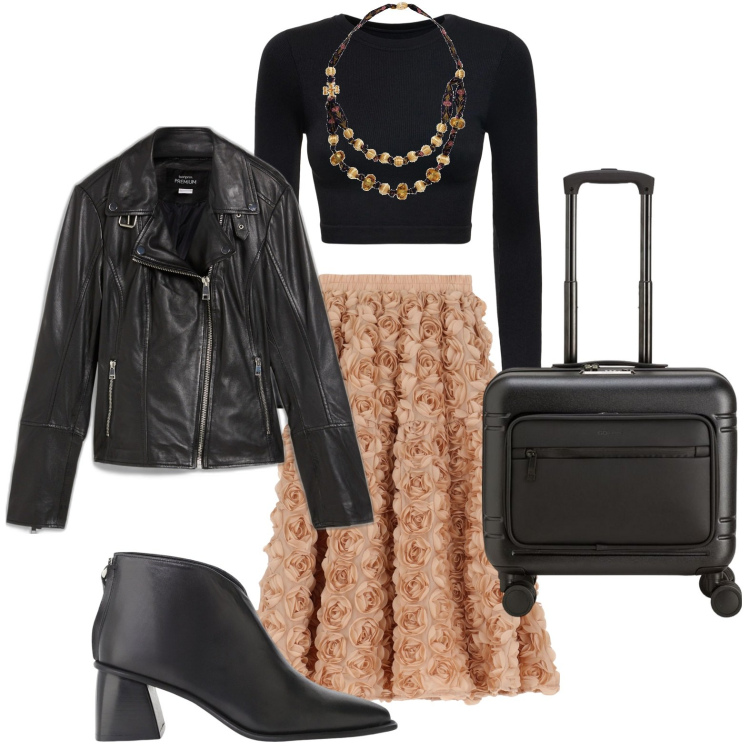 Outfit donna - Mix elegante. Stile Basic per Tutti i giorni. Abbinamento con blazer, collane, gonne, stivaletti, valigie, top.