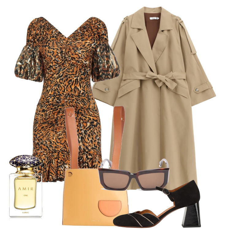 Outfit donna - Amir. Stile Chic per Tutti i giorni. Abbinamento con décolleté, vestiti corti, borse a spalla, profumi, trench, occhiali da sole.