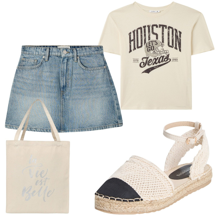 Outfit donna - Spring Is coming. Stile Casual per Tutti i giorni. Abbinamento con minigonne, borse tote, espadrillas, t-shirt.