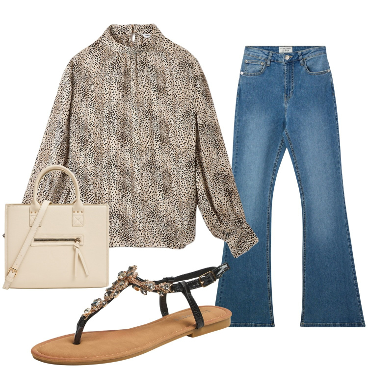 Outfit donna - Total look #2084220. Stile Casual per Tutti i giorni. Abbinamento con jeans a zampa, bluse, sandali gioiello, shopping bag.