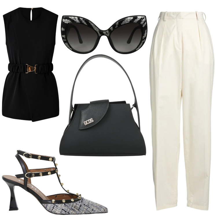 Outfit donna - Total look #2084222. Stile Glamour per Tutti i giorni. Abbinamento con pantaloni, borse a mano, occhiali da sole, décolleté, bluse.
