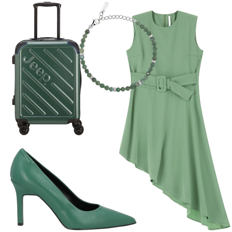 Outfit donna - Menta asimmetrico. Stile Chic per Serata fuori. Abbinamento con décolleté, braccialetti, vestiti corti, valigie.