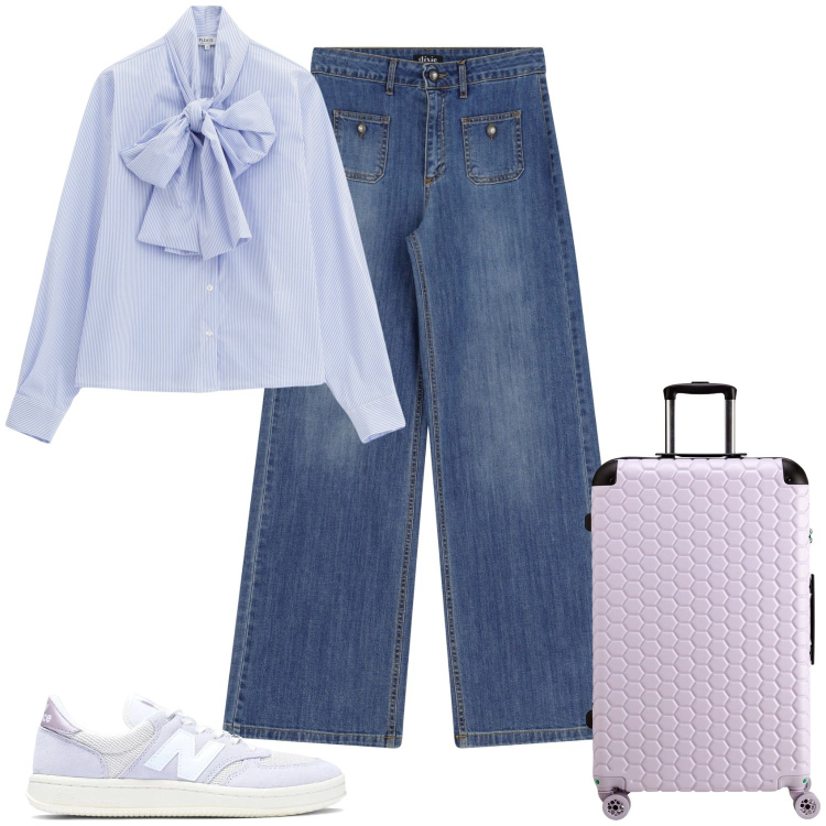 Outfit donna - At the airport. Stile Casual chic per Tutti i giorni. Abbinamento con sneakers, camicie, jeans, valigie.