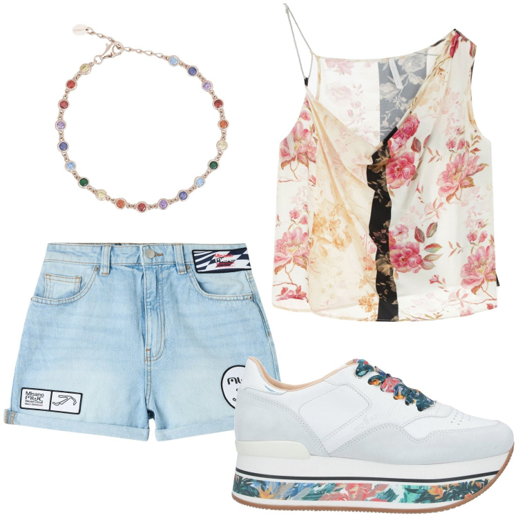 Outfit donna - Flowery. Stile Casual per Tutti i giorni. Abbinamento con sneakers, shorts, braccialetti, top.