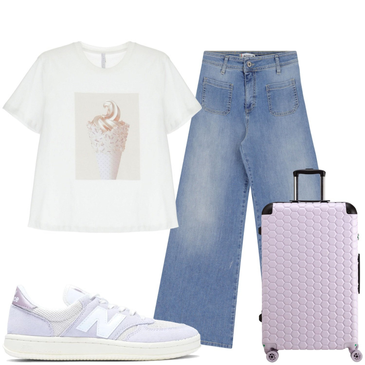 Outfit donna - Total look #2084242. Stile Casual per Scuola/Università. Abbinamento con sneakers, jeans, t-shirt, valigie.