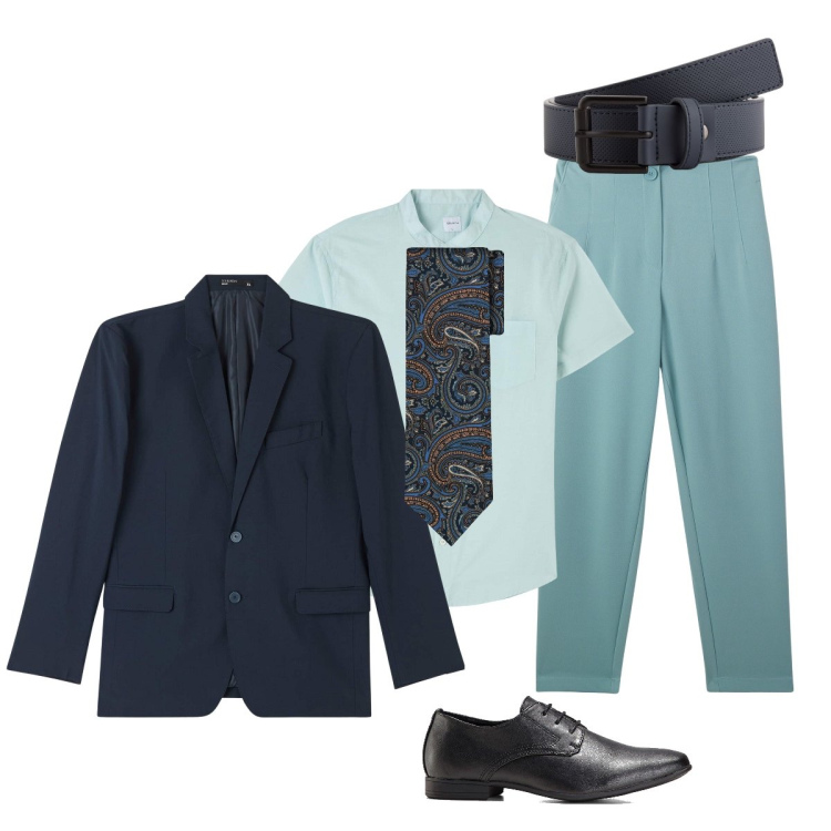 Outfit uomo - Al Battesimo. Stile Business/Elegante per Cerimonia. Abbinamento con scarpe stringate, pantaloni chino, camicie a manica corta, giacche, cinture, cravatte.