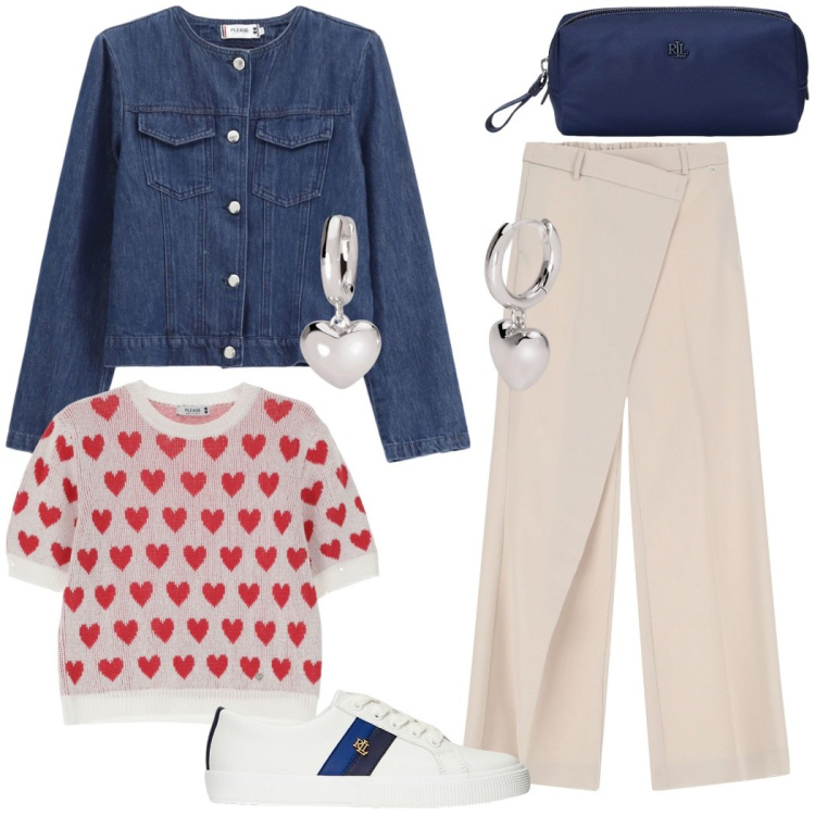 Outfit donna - Primavera in denim. Stile Casual chic per Tutti i giorni. Abbinamento con orecchini, pantaloni, maglieria, blazer, sneakers, pochette.