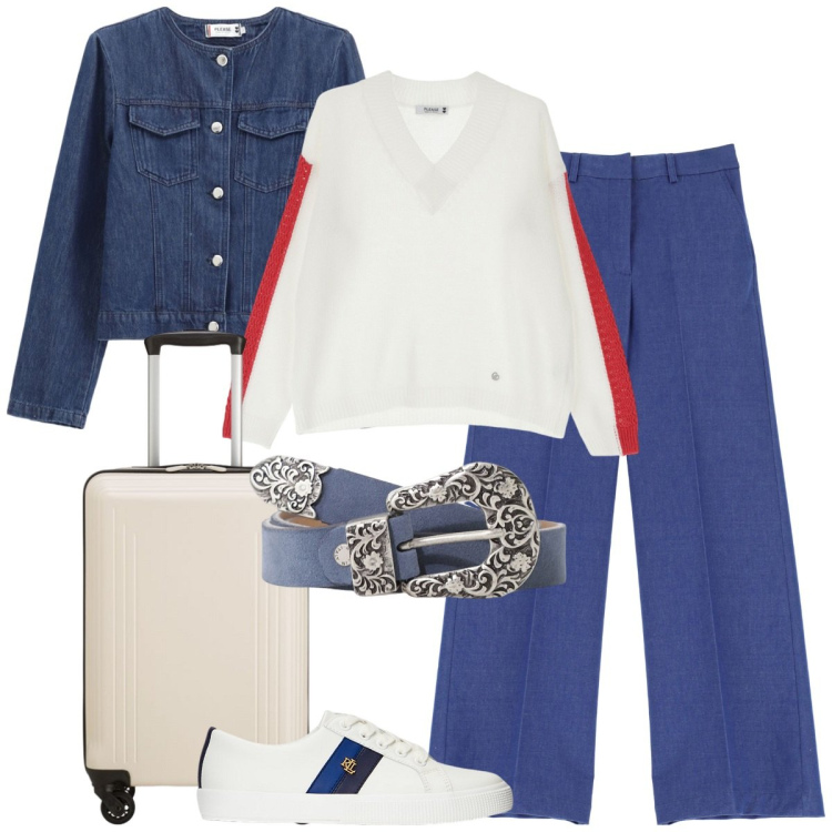 Outfit donna - Please - Saint-Tropez ss25. Stile Casual chic per Tutti i giorni. Abbinamento con pantaloni a palazzo, pullovers, blazer, cinture, sneakers, valigie.