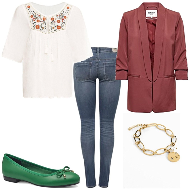 Outfit femme - Casual #3114. Style Casual pour Bureau. Assortir avec tuniques, bracelets, blazers, ballerines, jean skinny.