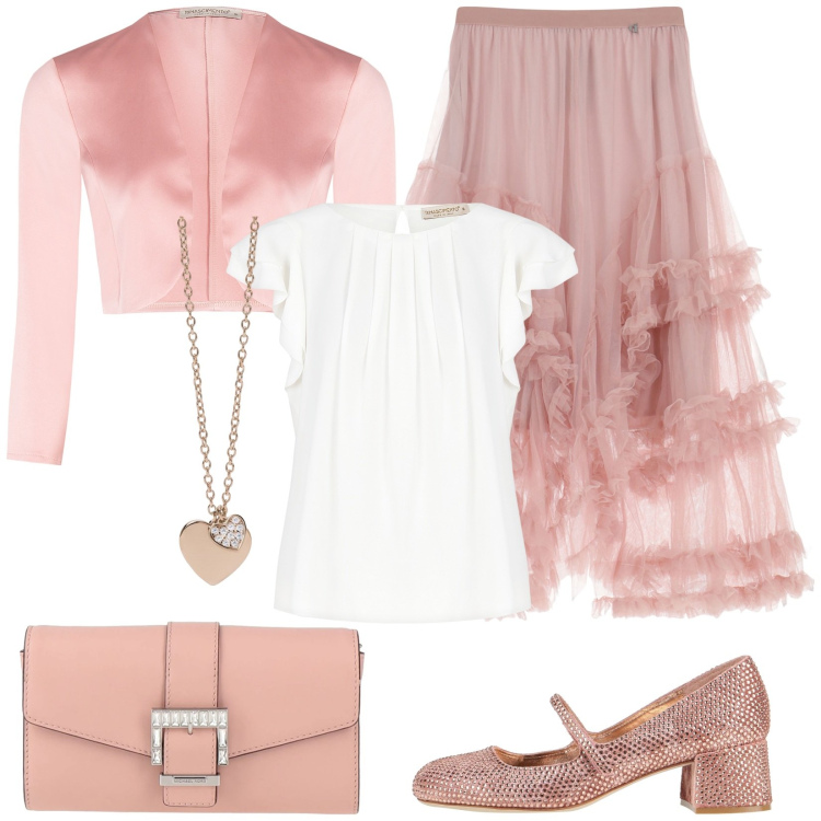 Outfit donna - Cerimonia a maggio. Stile Romantica per Cerimonia. Abbinamento con décolleté, borse a mano, gonne lunghe, ciondoli, bolero, bluse.