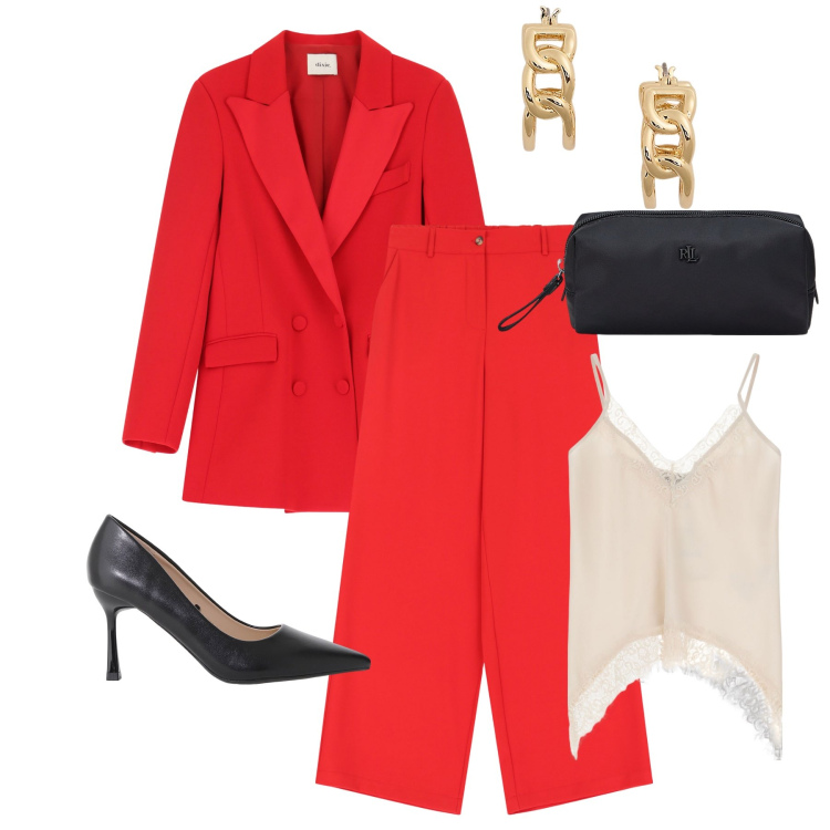 Outfit donna - Red chic. Stile Chic per Cerimonia. Abbinamento con décolleté, pantaloni a palazzo, blazer, top, orecchini, pochette.