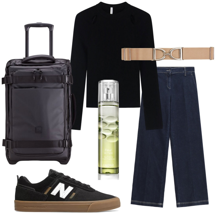 Outfit donna - Total look #2084286. Stile Casual per Tutti i giorni. Abbinamento con profumi, cinture, sneakers, jeans dritti, maglieria, valigie.