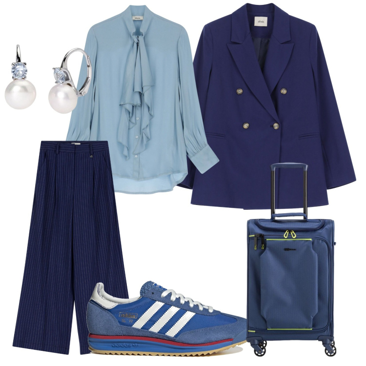 Outfit donna - Arrivo già per la riunione. per Ufficio. Abbinamento con orecchini, pantaloni a palazzo, bluse, blazer, sneakers, valigie.