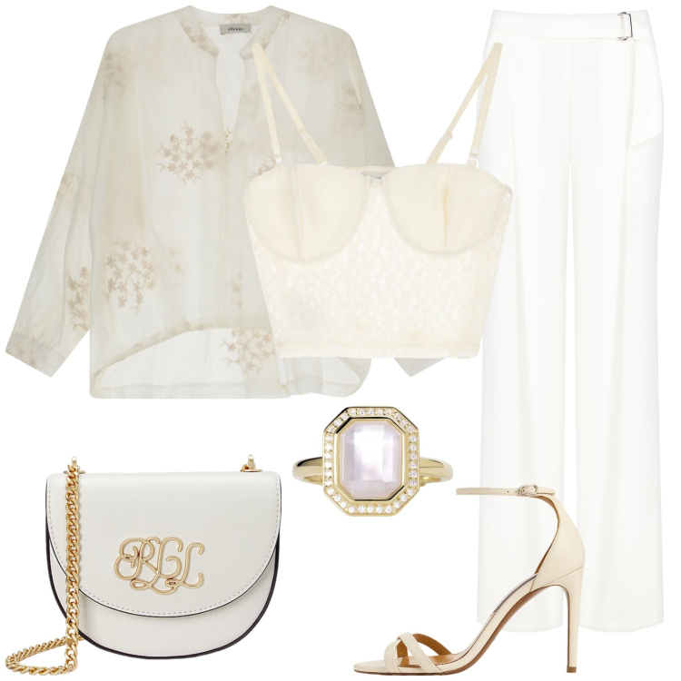 Outfit donna - Sheer elegance. Stile Chic per Cerimonia. Abbinamento con camicie, top, anelli, pantaloni, sandali col tacco, borse a tracolla.