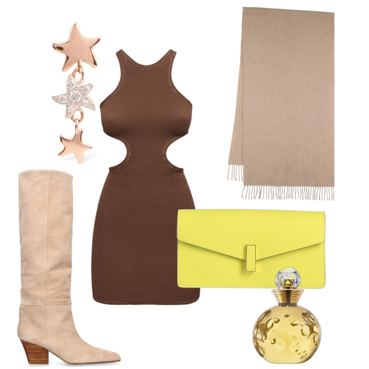 Outfit donna - Semplicemente chic. Stile Sexy per Serata fuori. Abbinamento con borse a mano, profumi, vestiti, orecchini, sciarpe, stivali.