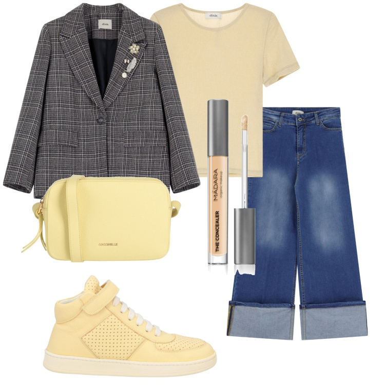 Outfit donna - Dora. Stile Trendy per Tutti i giorni. Abbinamento con sneakers, borse a tracolla, correttori, jeans dritti, blazer, t-shirt.