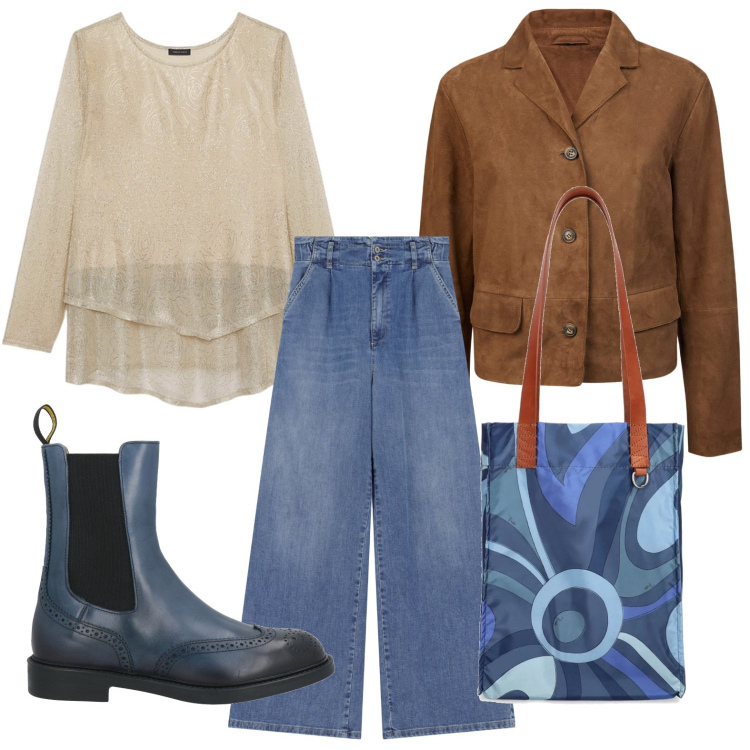 Outfit donna - Casual. Stile Casual chic per Serata fuori. Abbinamento con stivaletti chelsea, jeans, t-shirt, shopping bag, blazer.