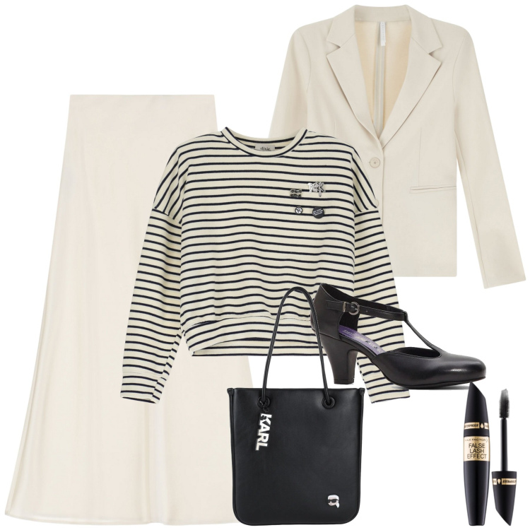 Outfit donna - Maglia a righe. Stile Chic per Ufficio. Abbinamento con borse a spalla, décolleté, mascara, gonne lunghe, blazer, felpe.