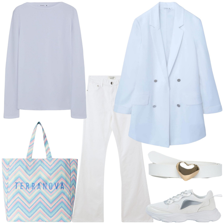 Outfit donna - Terranova - New Collection PE25. Stile Casual chic per Tutti i giorni. Abbinamento con cinture, blazer, jeans a zampa, t-shirt, sneakers, borse tote.