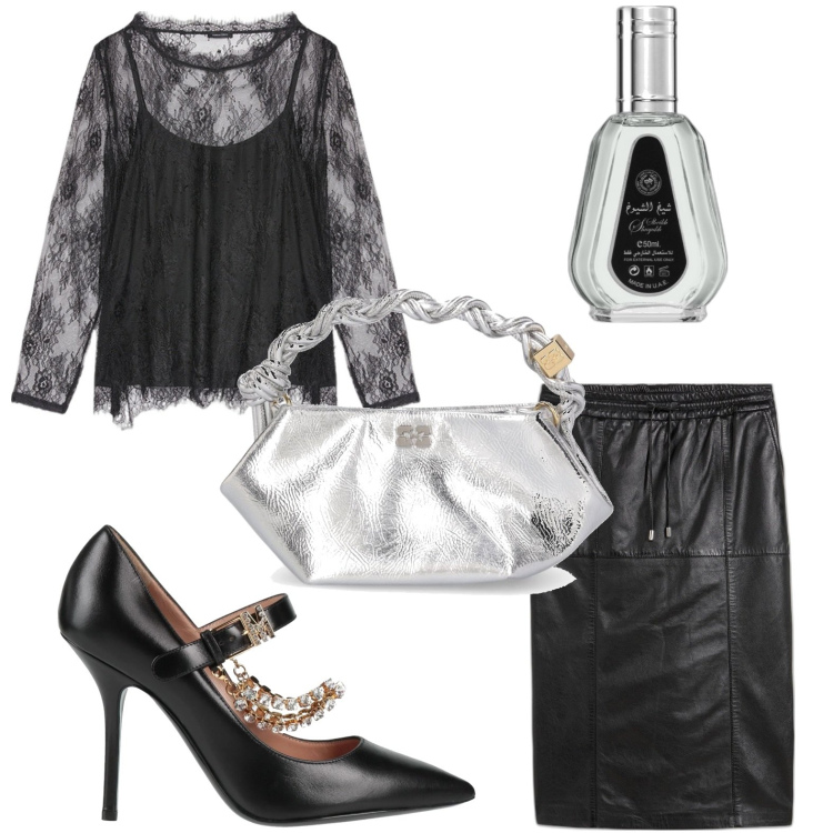 Outfit donna - All black. Stile Chic per Serata fuori. Abbinamento con gonne longuette, décolleté, profumi, t-shirt, borse a mano.