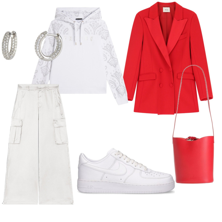 Outfit donna - Sportiva con la giacca. per Tutti i giorni. Abbinamento con borse a mano, orecchini, blazer, felpe con cappuccio, pantaloni cargo, sneakers.