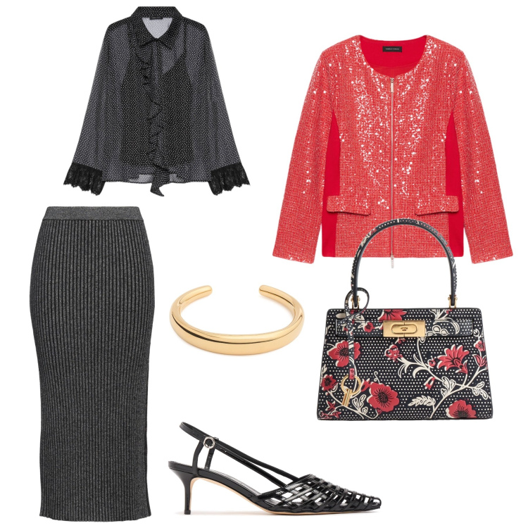 Outfit donna - Serata a teatro. Stile Bon Ton per Serata fuori. Abbinamento con borse a mano, gonne longuette, camicie, blazer, scarpe col tacco, braccialetti.