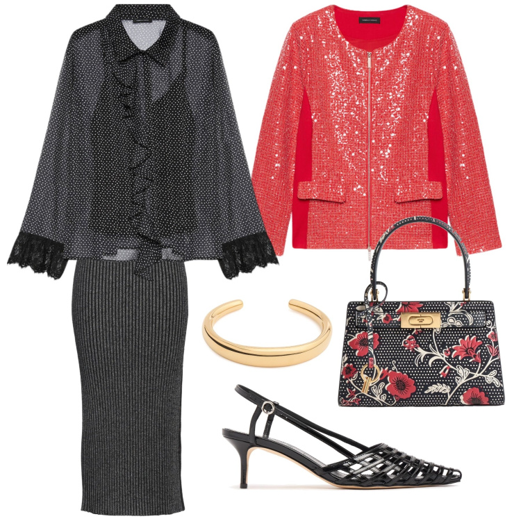 Outfit donna - Evento importante. Stile Casual chic per Serata fuori. Abbinamento con borse a mano, gonne longuette, blazer, camicie, braccialetti, scarpe col tacco.