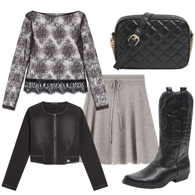 Outfit donna - Primavera sotto la pioggia. Stile Casual chic per Ufficio. Abbinamento con borse a tracolla, stivali, top, minigonne, blazer.