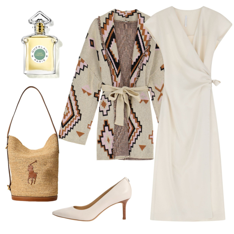 Outfit donna - Bianco latte. Stile Etnico per Tutti i giorni. Abbinamento con profumi, vestiti midi/longuette, cardigans, borse a mano, décolleté.