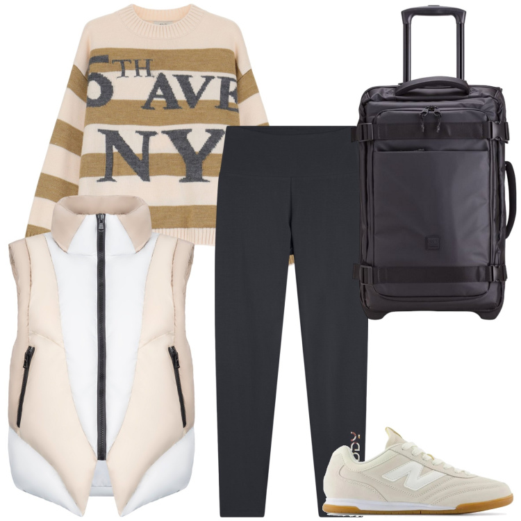 Outfit donna - Journey. Stile Casual chic per Tutti i giorni. Abbinamento con sneakers, leggings, maglieria, piumini, valigie.