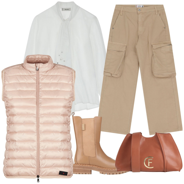 Outfit donna - Total look. Stile Urban per Tutti i giorni. Abbinamento con borse a tracolla, stivaletti, pantaloni chino, bluse, piumini.