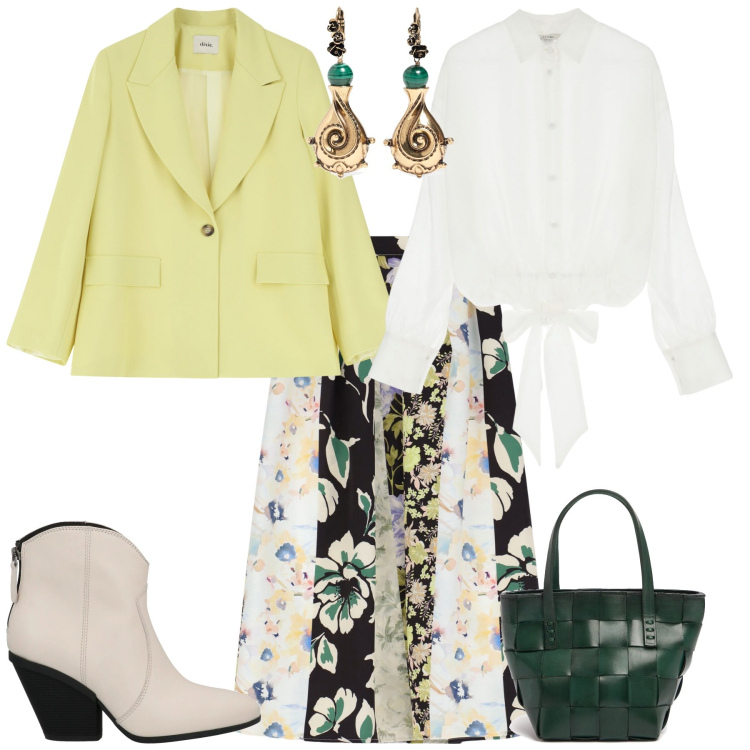 Outfit donna - Total look #2084342. Stile Boho per Tutti i giorni. Abbinamento con stivaletti texani, blazer, gonne lunghe, camicie, orecchini, borse a mano.