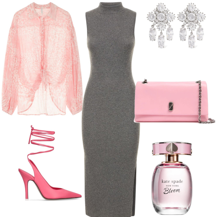 Outfit donna - Saturday night. Stile Glamour per Serata fuori. Abbinamento con profumi, camicie, pochette, vestiti, décolleté, orecchini.