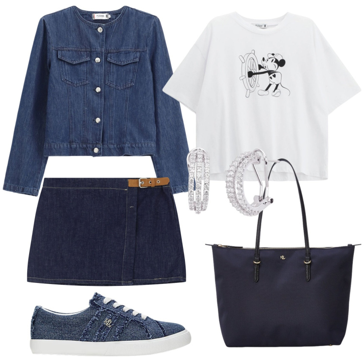 Outfit donna - Total look #2084346. Stile Casual chic per Tutti i giorni. Abbinamento con orecchini, minigonne, t-shirt, blazer, borse tote, sneakers.