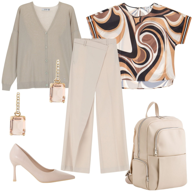 Outfit donna - Total look #2084352. Stile Chic per Ufficio. Abbinamento con pantaloni, bluse, cardigans, décolleté, orecchini, zaini.