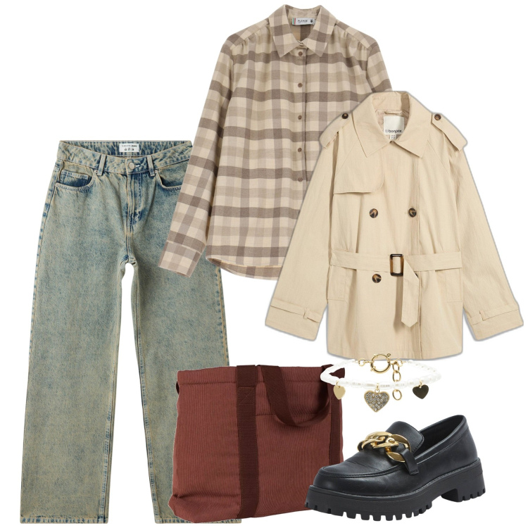 Outfit donna - In città. Stile Casual per Tutti i giorni. Abbinamento con trench, mocassini, jeans, borse tote, camicie, braccialetti.