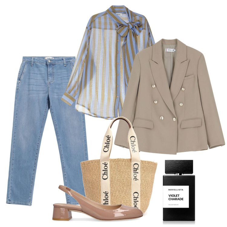 Outfit donna - Marzo e aprile. Stile Bon Ton per Ufficio. Abbinamento con profumi, jeans dritti, blazer, camicie, décolleté, shopping bag.