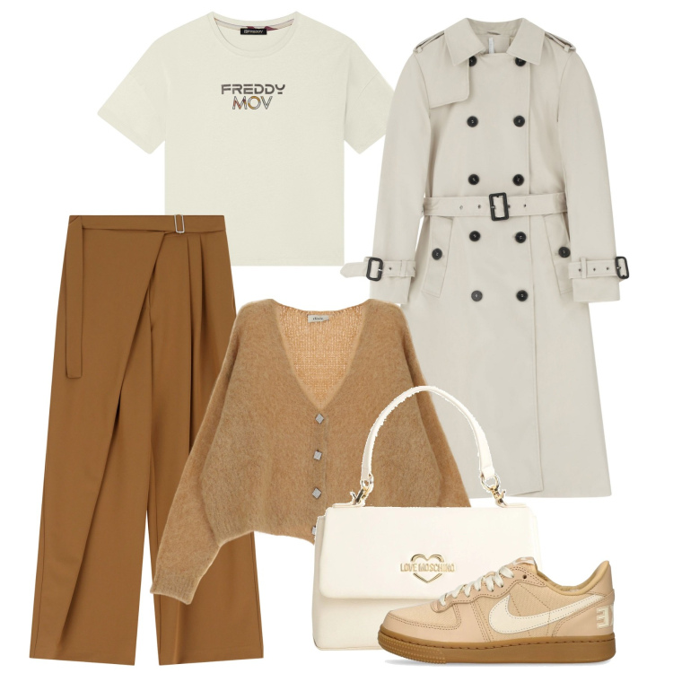 Outfit donna - Noisette. Stile Basic per Tutti i giorni. Abbinamento con borse a mano, pantaloni a palazzo, trench, t-shirt, cardigans, sneakers.