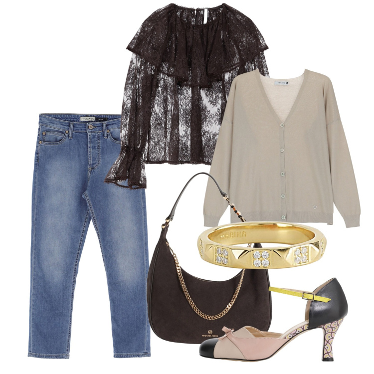 Outfit donna - Chic in jeans. Stile Chic per Tutti i giorni. Abbinamento con borse a spalla, camicie, décolleté, anelli, cardigans, jeans.