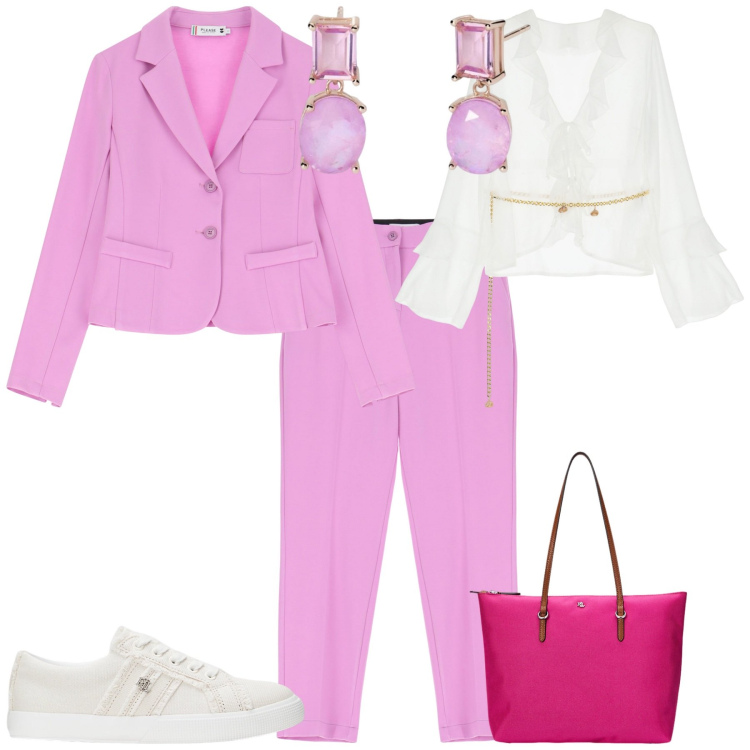 Outfit donna - Total look #2084386. Stile Romantica per Serata fuori. Abbinamento con orecchini, pantaloni, bluse, blazer, borse tote, sneakers.