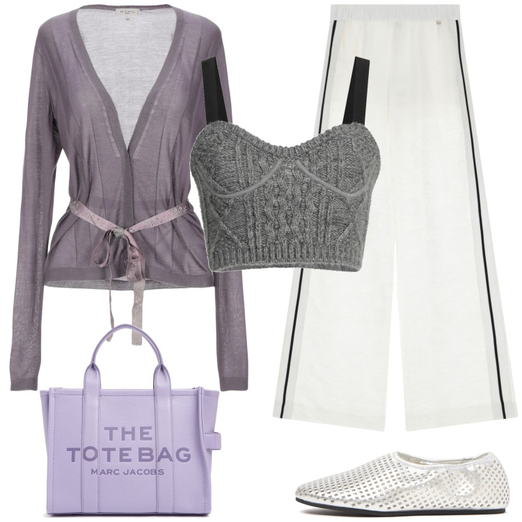 Outfit donna - Sporty chic. Stile Sporty chic per Tutti i giorni. Abbinamento con cardigans, top, pantaloni a palazzo, ballerine, borse tote.