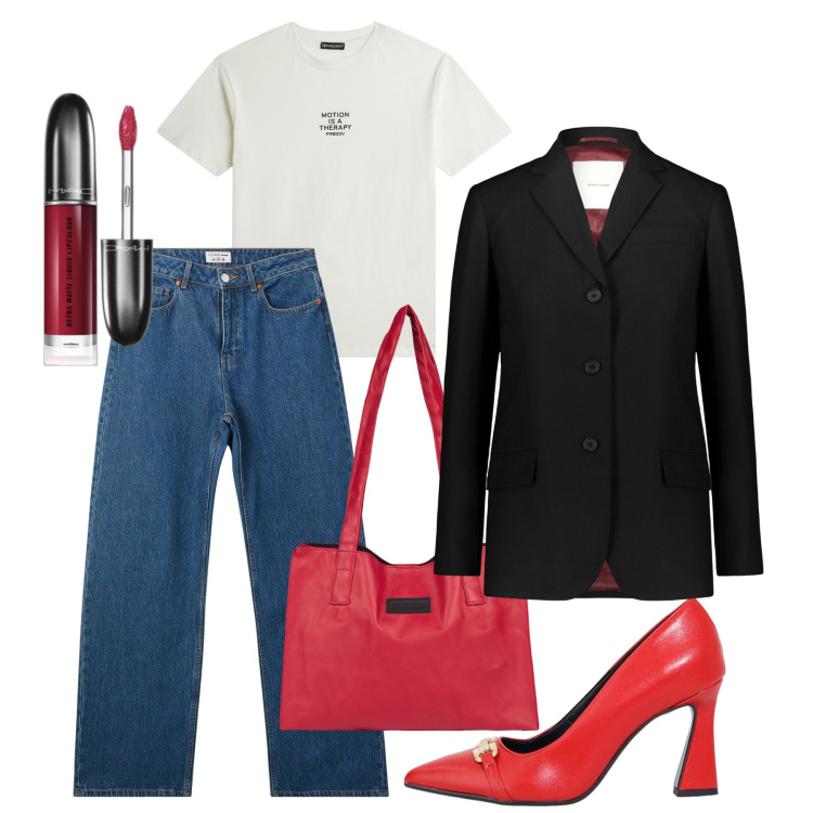 Outfit donna - Tocco chic. Stile Casual chic per Tutti i giorni. Abbinamento con rossetti, jeans, décolleté, shopping bag, t-shirt, blazer.
