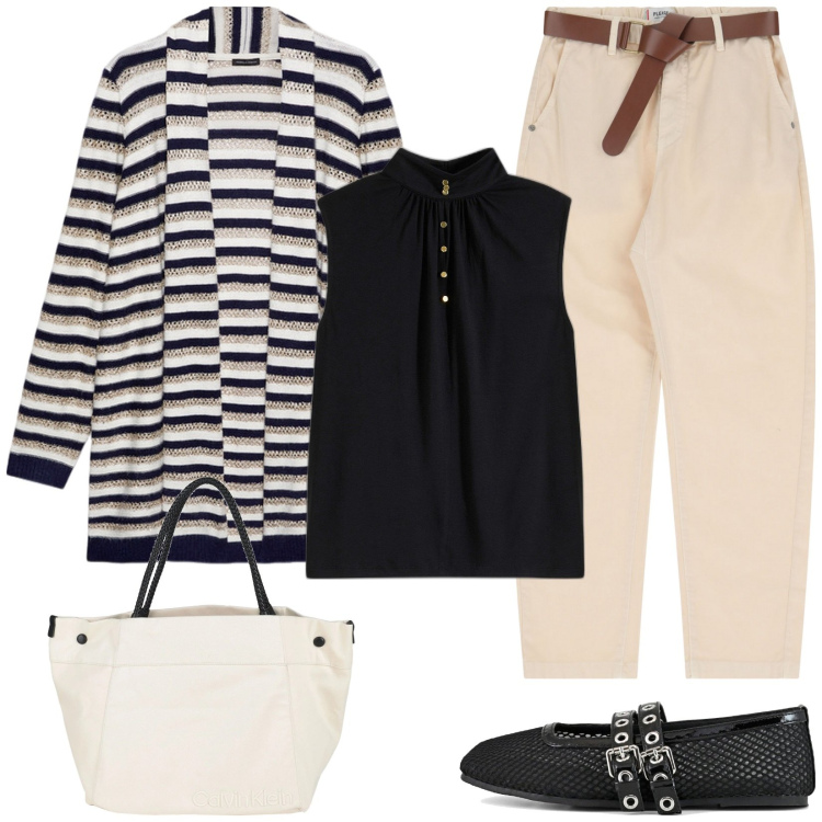 Outfit donna - Il Maxi cardigan a righe. Stile Sporty chic per Tutti i giorni. Abbinamento con top, borse a mano, pantaloni chino, cardigans, ballerine.