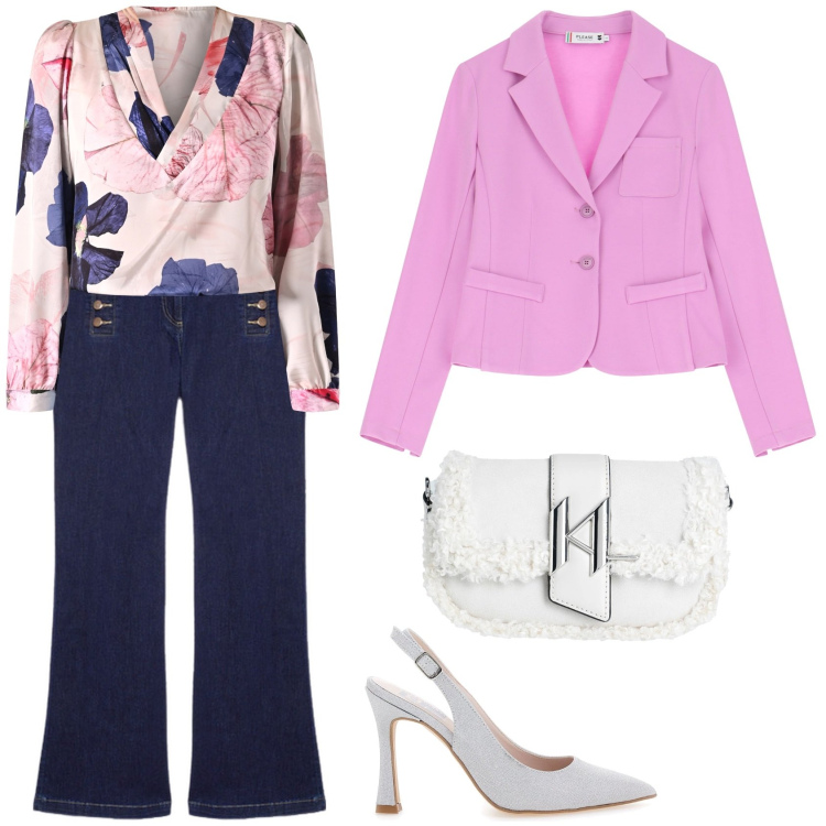 Outfit donna - Blusa a fiori Rinascimento. Stile Casual chic per Tutti i giorni. Abbinamento con borse a spalla, bluse, blazer, décolleté, jeans.